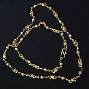 Vintage Gold Plated Twisted X Chain Faux Pearl Stations S Hook Clasp Necklace